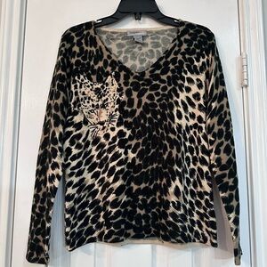 Designers Original Womens Cheetah Print Long Sleeve Top w Beads Size M
